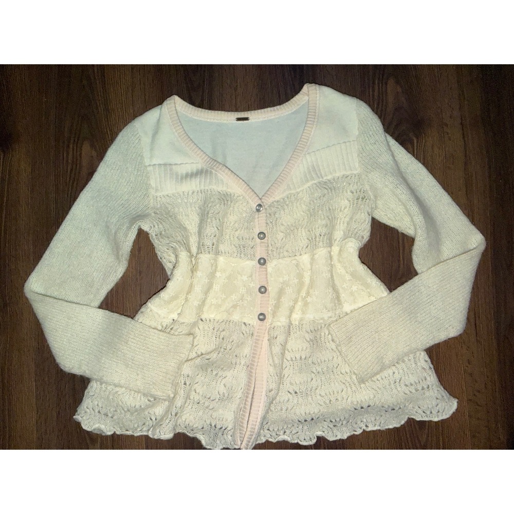 Free People Cardigan Womens M Cream Alpaca Wool Lace Pointelle Knit